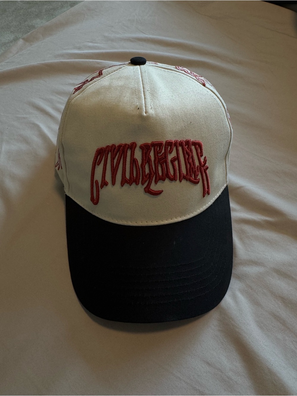 Civil Regime White and Black Trucker Cap with Red Embroidery